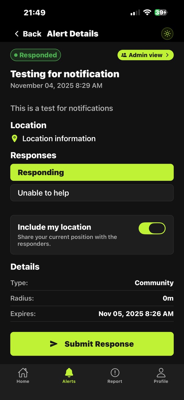 Is Everyone Safe alert detail screen showing response options