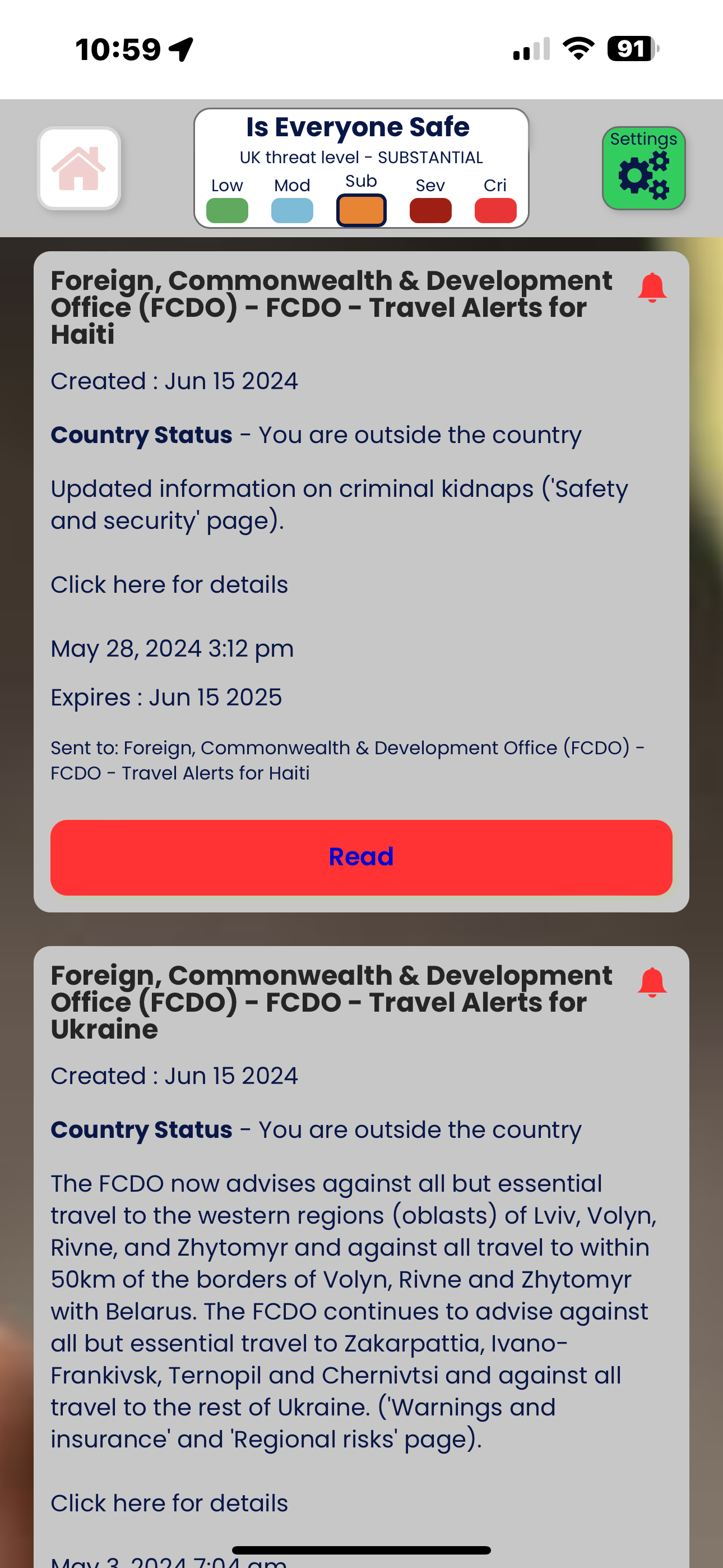 Is Everyone Safe app showing FCDO travel alerts