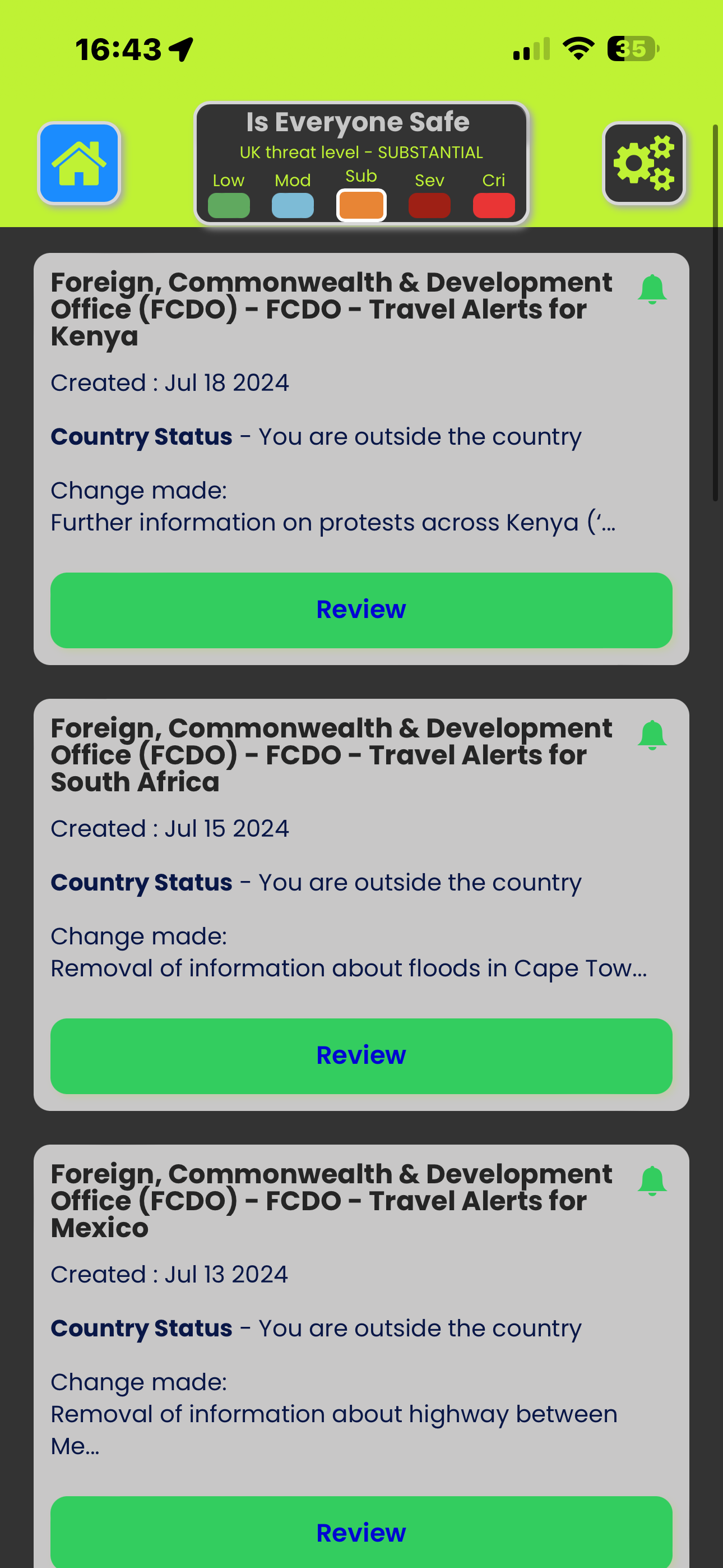 Is Everyone Safe app showing alert listings